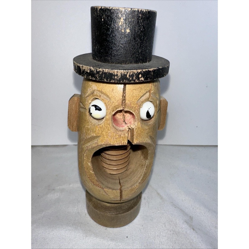 Vintage Wood Nutcracker Man Head Face Mid Century Kitsch Hand Carved Folk Art